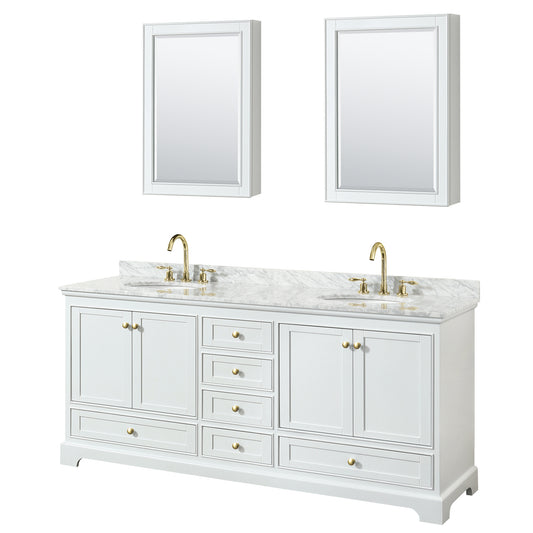 Deborah 80" White Double Vanity, Top, Oval Brushed Gold Trim, Medicine Cabinets