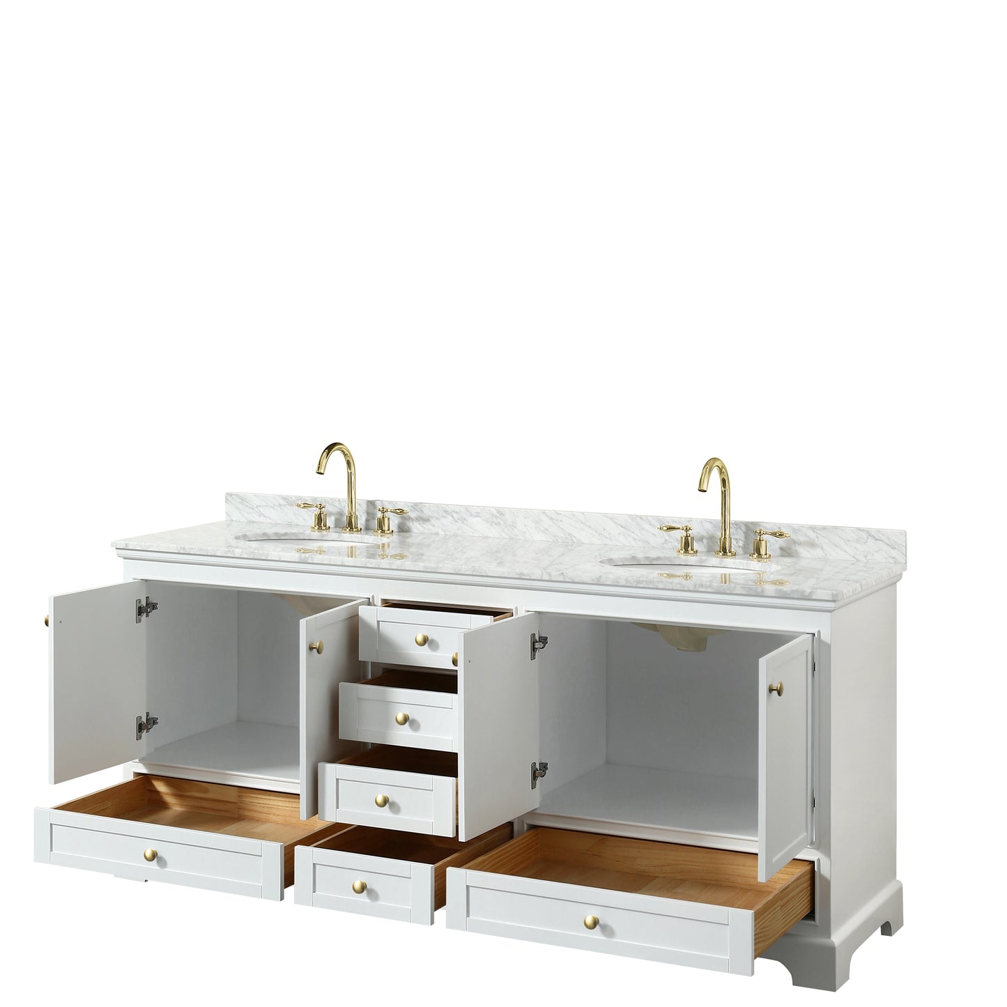 Deborah 80" Double Vanity in White, Top, Oval Brushed Gold Trim, No Mirrors