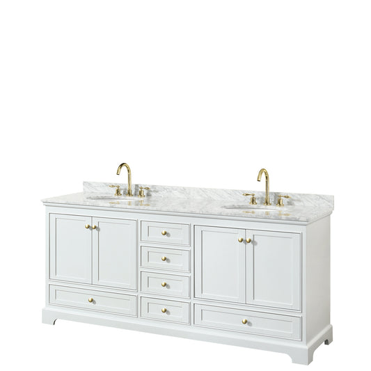 Deborah 80" Double Vanity in White, Top, Oval Brushed Gold Trim, No Mirrors