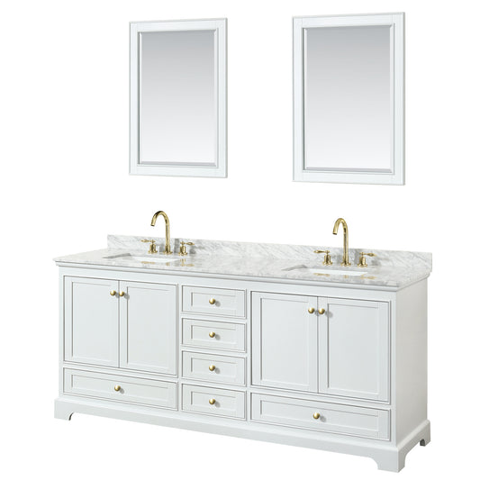 Deborah 80" Double Vanity in White, Top, Square Brushed Gold Trim, 24" Mirrors
