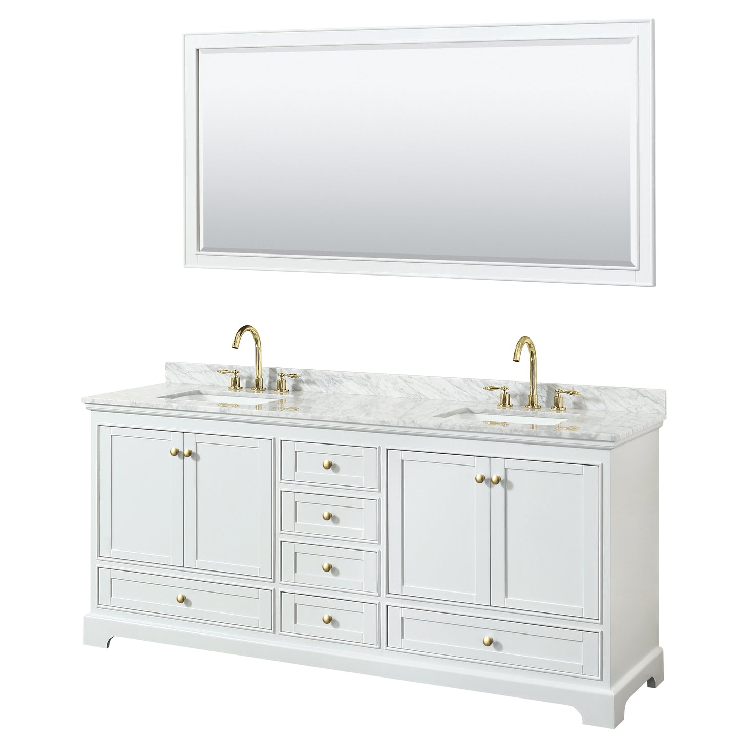 Deborah 80" Double Vanity in White, Top, Square Brushed Gold Trim, 70" Mirror