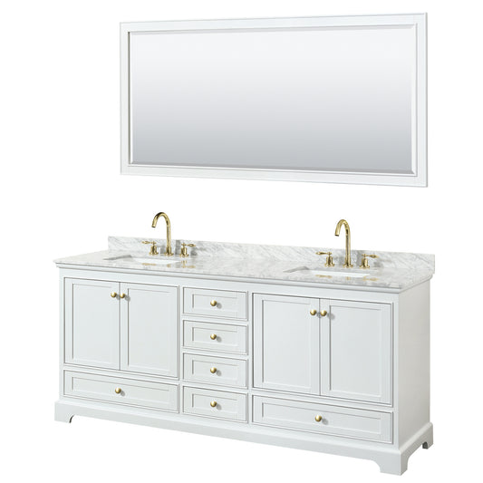 Deborah 80" Double Vanity in White, Top, Square Brushed Gold Trim, 70" Mirror