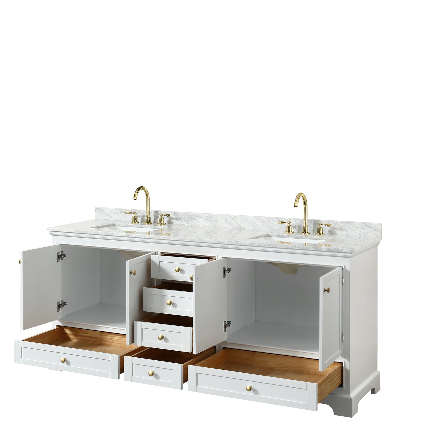 Deborah 80" Double Vanity in White, Top, Square Brushed Gold Trim, No Mirrors