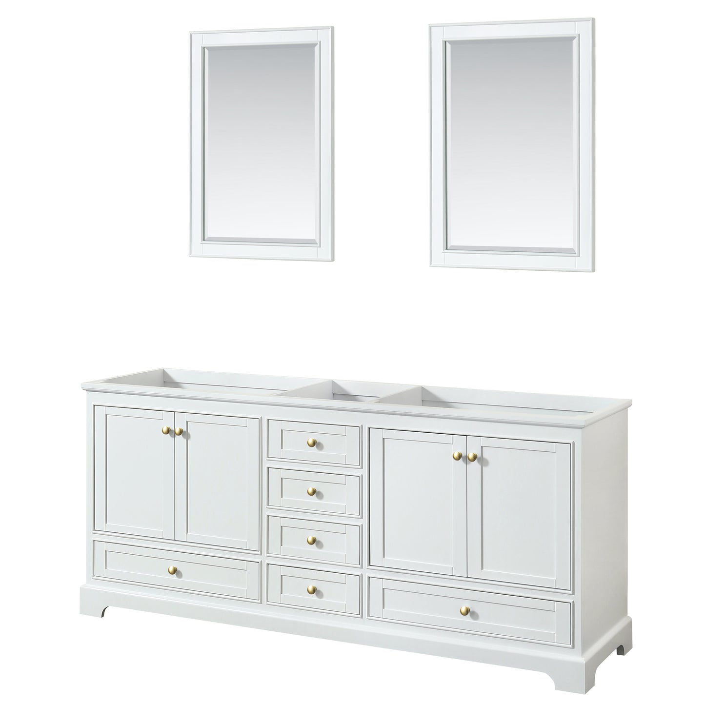 Deborah 80" Double Vanity in White, No Top, Brushed Gold Trim, 24" Mirrors