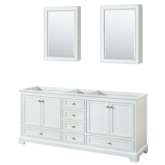 Deborah 80" Double Vanity in White, No Top, Brushed Gold Trim, Medicine Cabinets