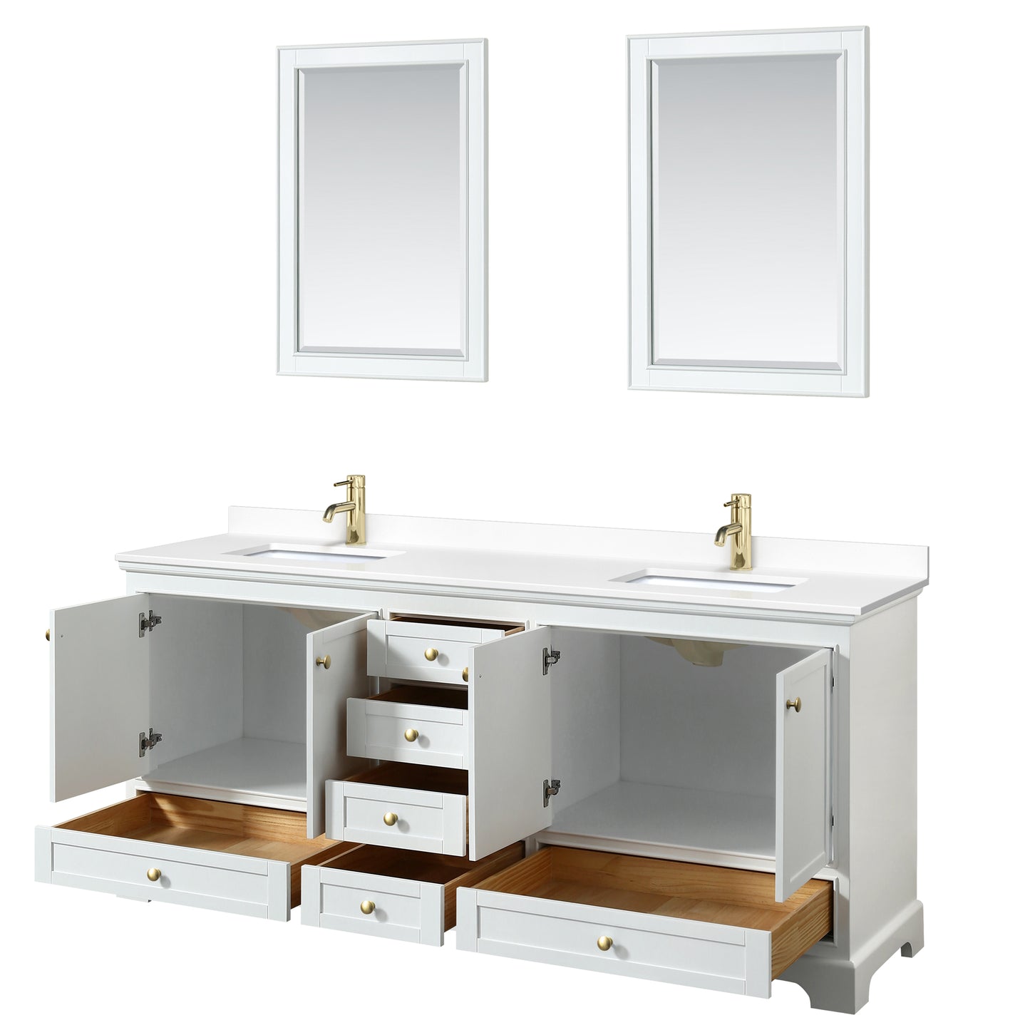 Deborah 80" Double Vanity in White, White Marble Top, Gold Trim, 24" Mirrors