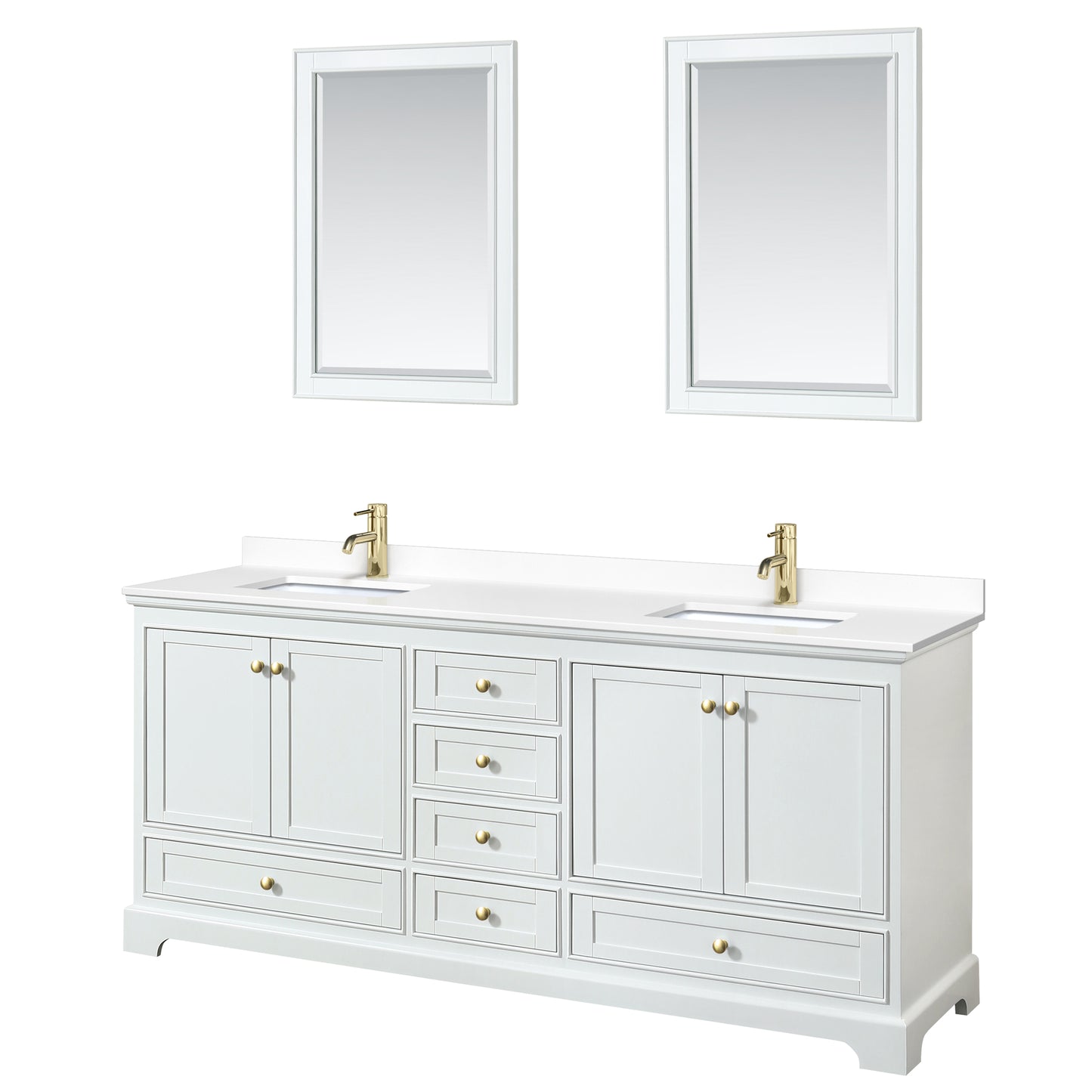 Deborah 80" Double Vanity in White, White Marble Top, Gold Trim, 24" Mirrors