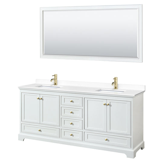 Deborah 80" Double Vanity in White, White Marble Top, Gold Trim, 70" Mirror