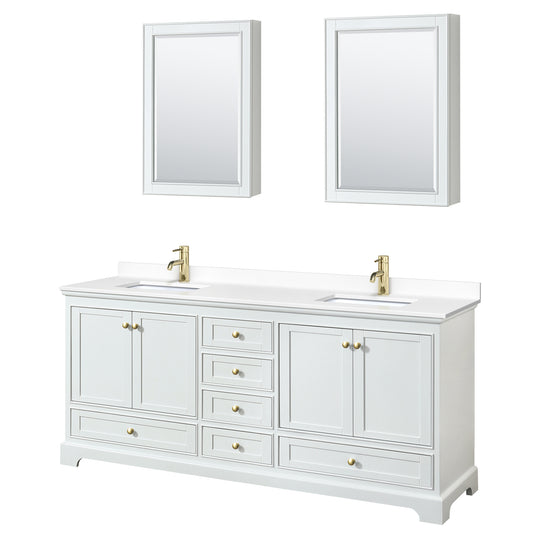 Deborah 80" White Double Vanity, White Marble Top, Gold Trim, Medicine Cabinets