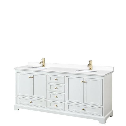 Deborah 80" Double Vanity in White, White Marble Top, Gold Trim, No Mirrors