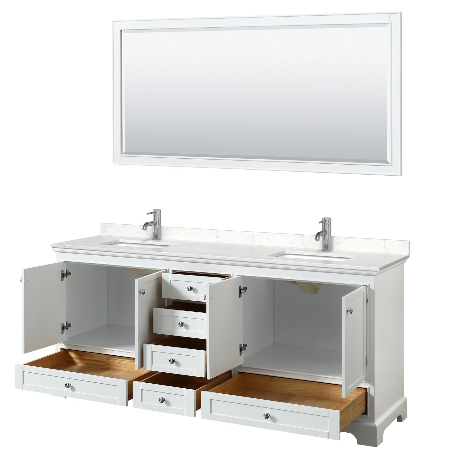 Deborah 80" Double Vanity in White, Carrara Cultured Marble Top, 70" Mirror