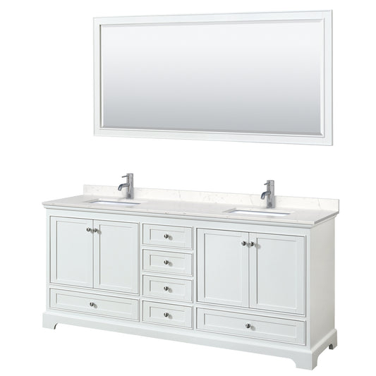 Deborah 80" Double Vanity in White, Carrara Cultured Marble Top, 70" Mirror