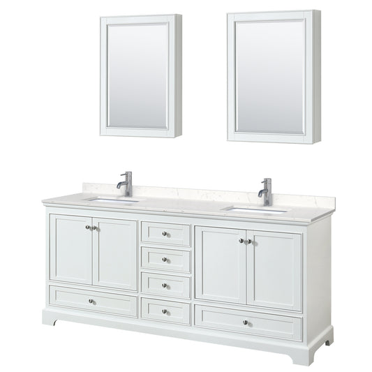 Deborah 80" Double Vanity in White, Carrara Marble Top, Medicine Cabinets