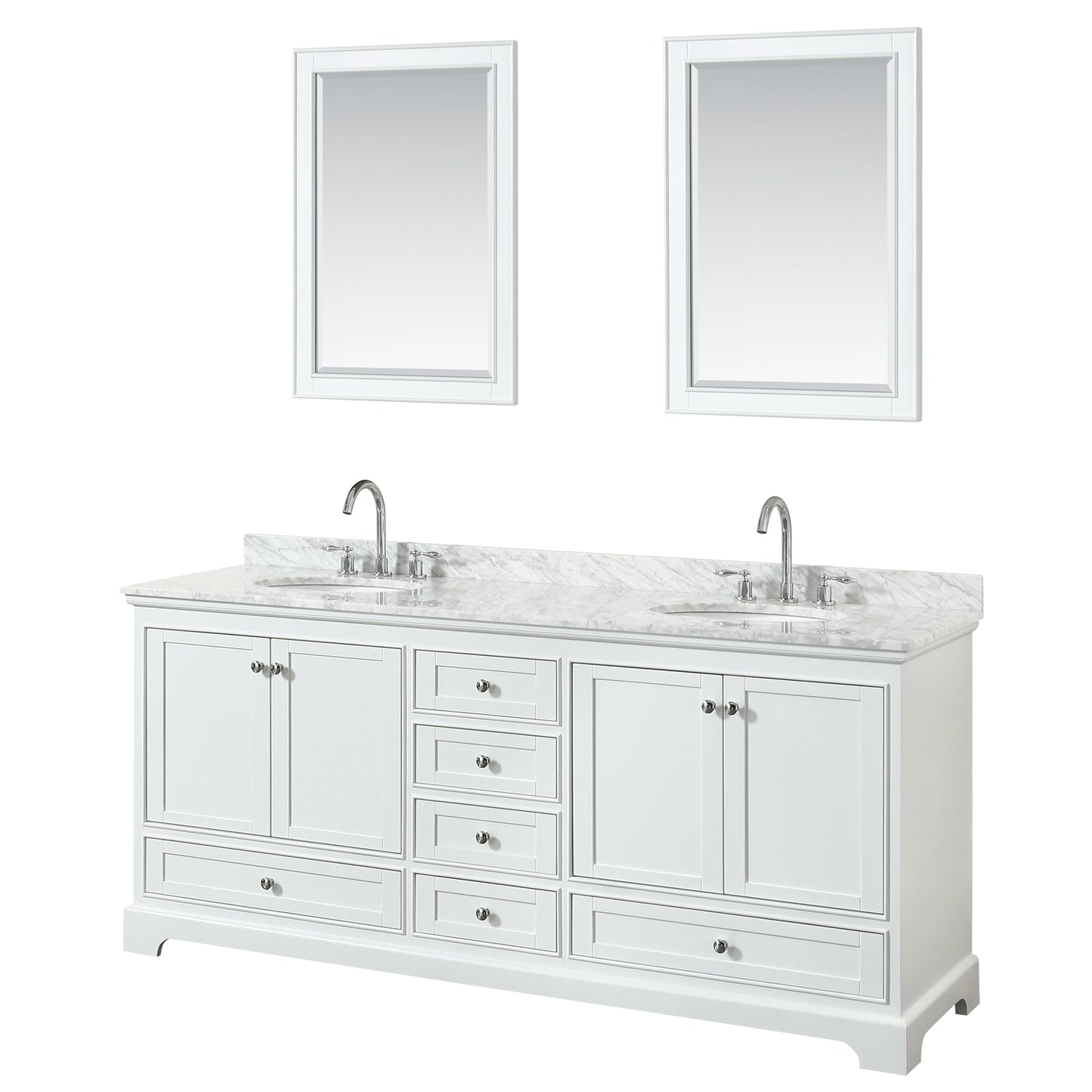 Deborah 80 Inch Double Bathroom Vanity in White, White Carrara Marble Countertop, Undermount Oval Sinks, and 24 Inch Mirrors