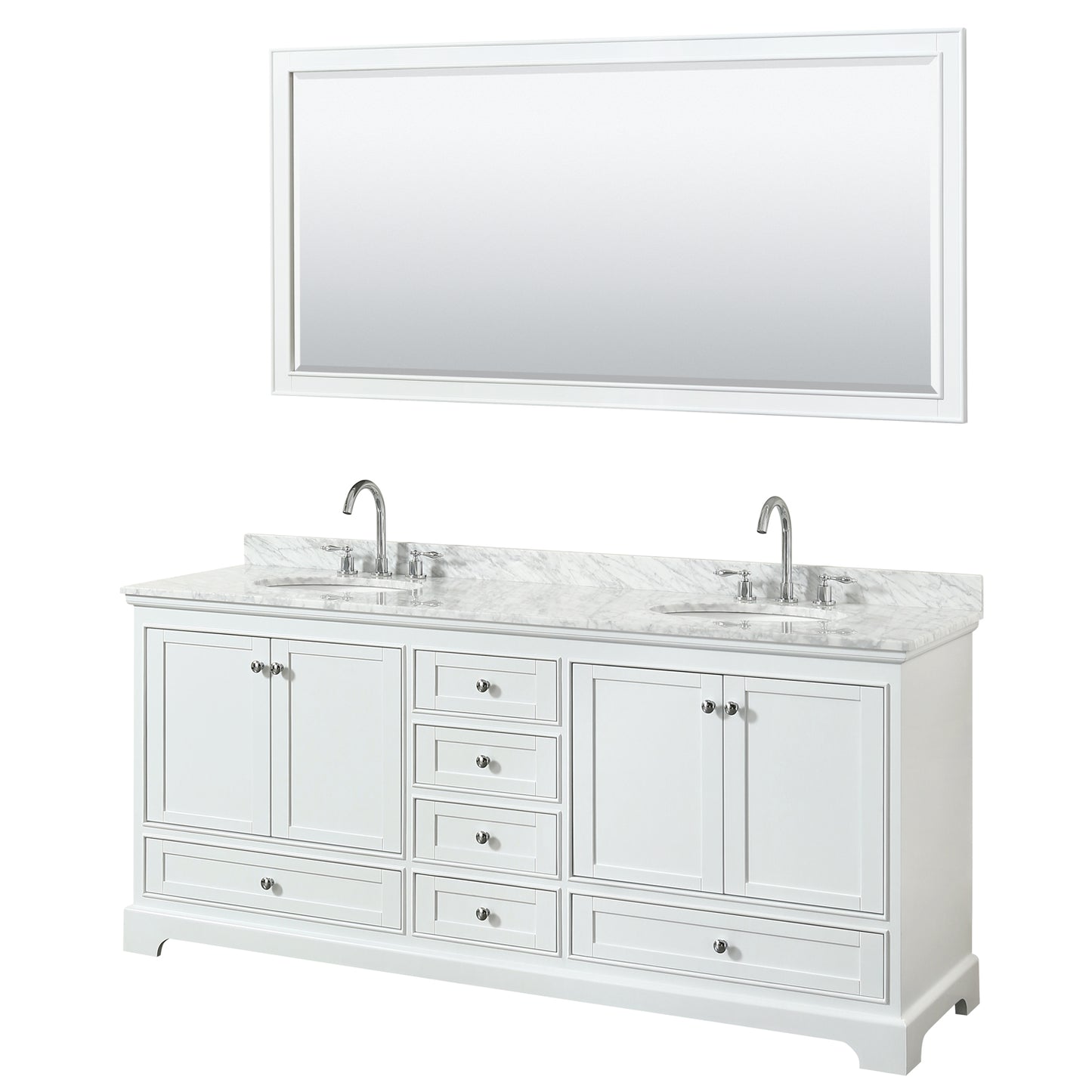 Deborah 80 Inch Double Bathroom Vanity in White, White Carrara Marble Countertop, Undermount Oval Sinks, and 70 Inch Mirror