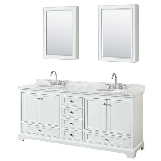 Deborah 80 Inch Double Bathroom Vanity in White, White Carrara Marble Countertop, Undermount Oval Sinks, and Medicine Cabinets