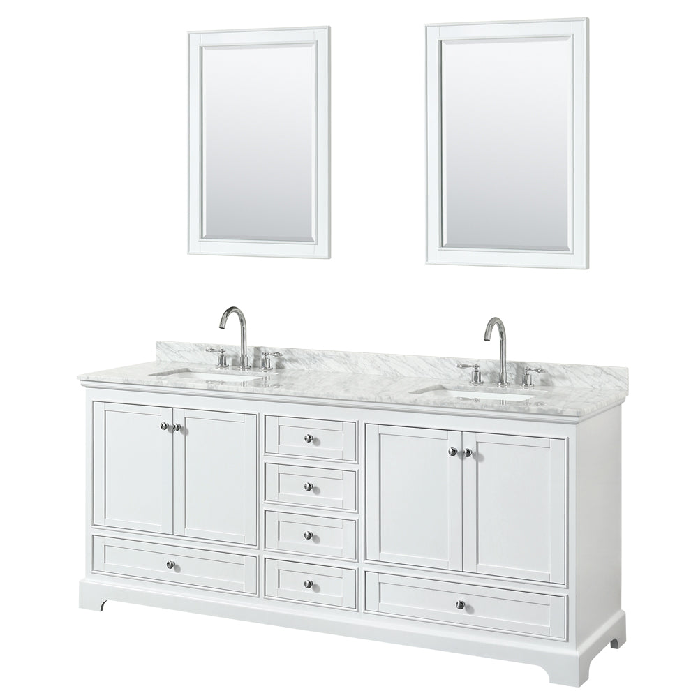 Deborah 80 inch Double Bathroom Vanity in White, White Carrara Marble Countertop, Undermount Square Sinks, and 24 inch Mirrors