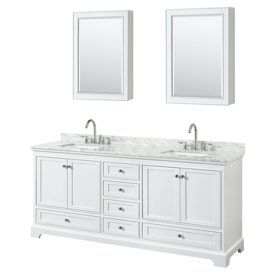 Deborah 80 inch Double Bathroom Vanity in White, White Carrara Marble Countertop, Undermount Square Sinks, and Medicine Cabinets