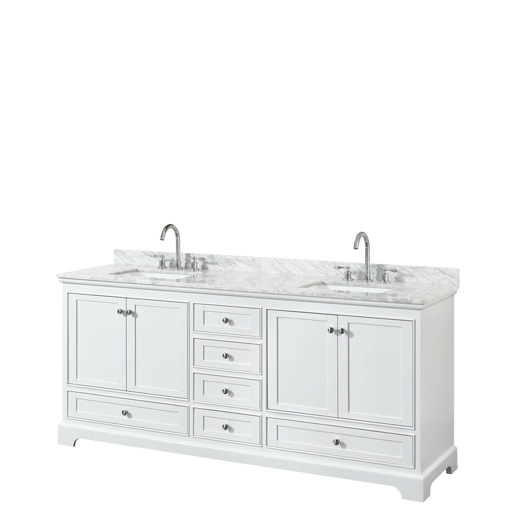 Deborah 80 inch Double Bathroom Vanity in White, White Carrara Marble Countertop, Undermount Square Sinks, and No Mirror