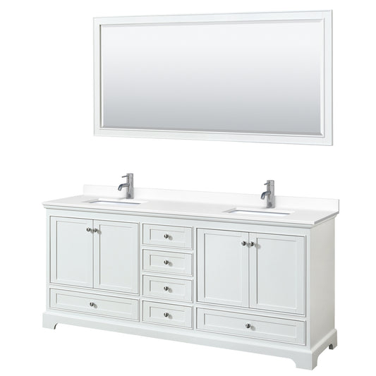 Deborah 80" Double Vanity in White, White Cultured Marble Top, Sinks, 70" Mirror