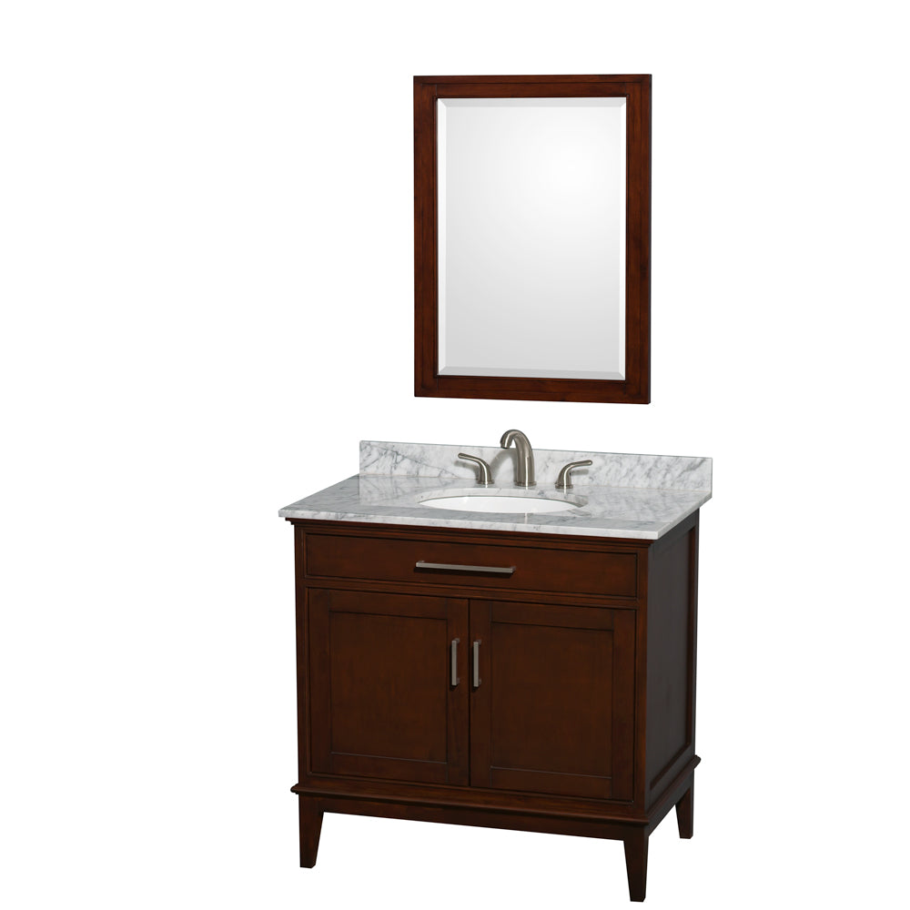 Hatton 36 inch Single Bathroom Vanity in Dark Chestnut, White Carrara Marble Countertop, Undermount Oval Sink, and 24 inch Mirror