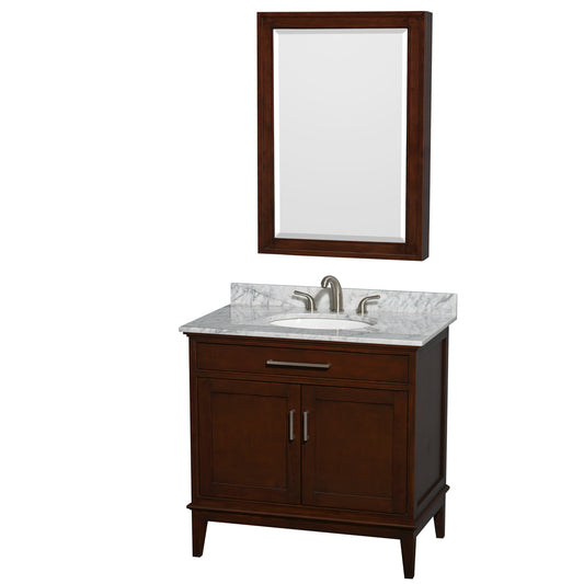 Hatton 36 inch Single Bathroom Vanity in Dark Chestnut, White Carrara Marble Countertop, Undermount Oval Sink, and Medicine Cabinet