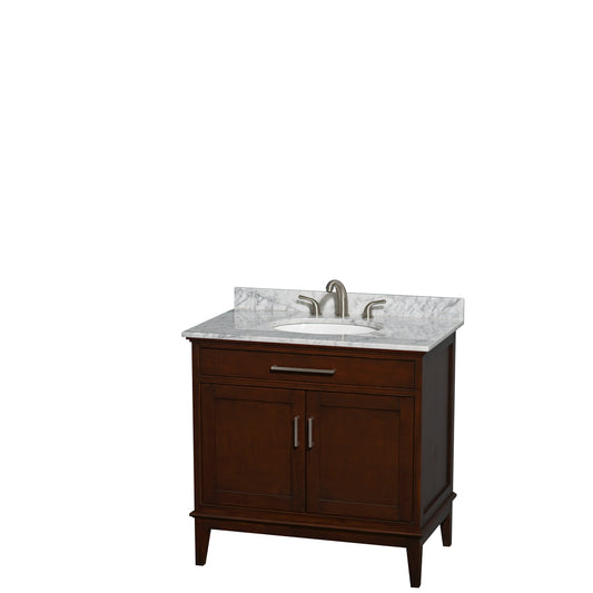 Hatton 36 inch Single Bathroom Vanity in Dark Chestnut, White Carrara Marble Countertop, Undermount Oval Sink, and No Mirror