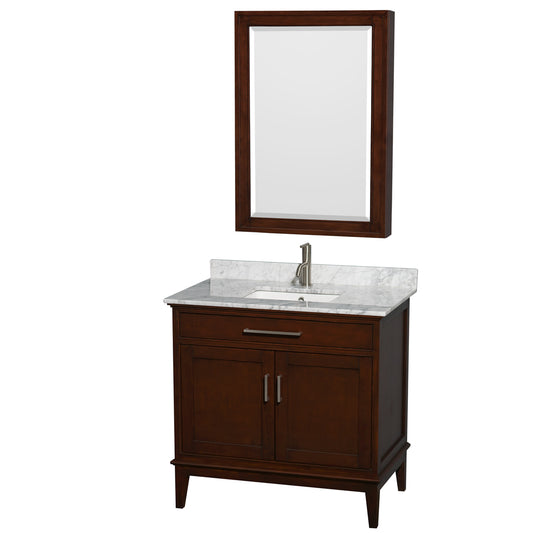 Hatton 36 inch Single Bathroom Vanity in Dark Chestnut, White Carrara Marble Countertop, Undermount Square Sink, and Medicine Cabinet