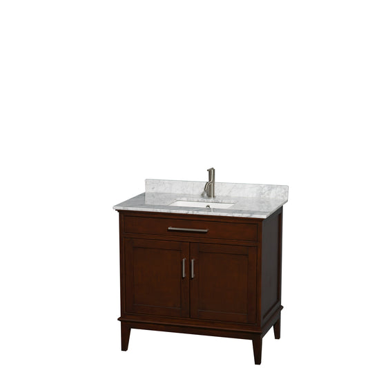 Hatton 36 inch Single Bathroom Vanity in Dark Chestnut, White Carrara Marble Countertop, Undermount Square Sink, and No Mirror