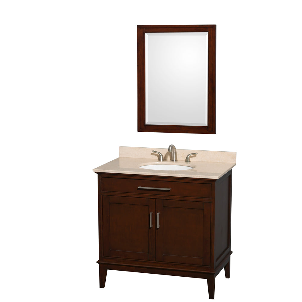 Hatton 36 inch Single Bathroom Vanity in Dark Chestnut, Ivory Marble Countertop, Undermount Oval Sink, and 24 inch Mirror