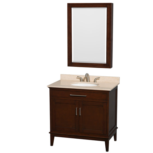 Hatton 36 inch Single Bathroom Vanity in Dark Chestnut, Ivory Marble Countertop, Undermount Oval Sink, and Medicine Cabinet