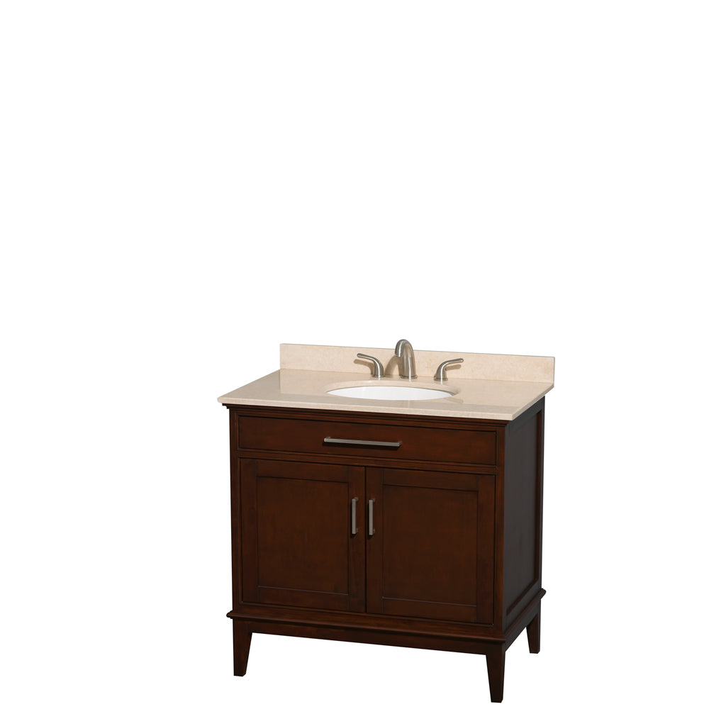 Hatton 36 inch Single Bathroom Vanity in Dark Chestnut, Ivory Marble Countertop, Undermount Oval Sink, and No Mirror