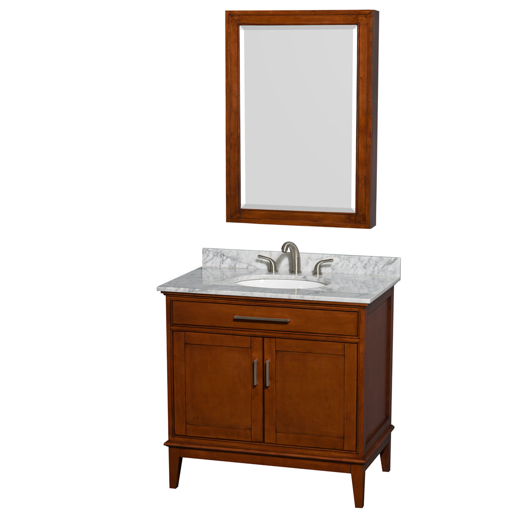 Hatton 36 inch Single Bathroom Vanity in Light Chestnut, White Carrara Marble Countertop, Undermount Oval Sink, and Medicine Cabinet