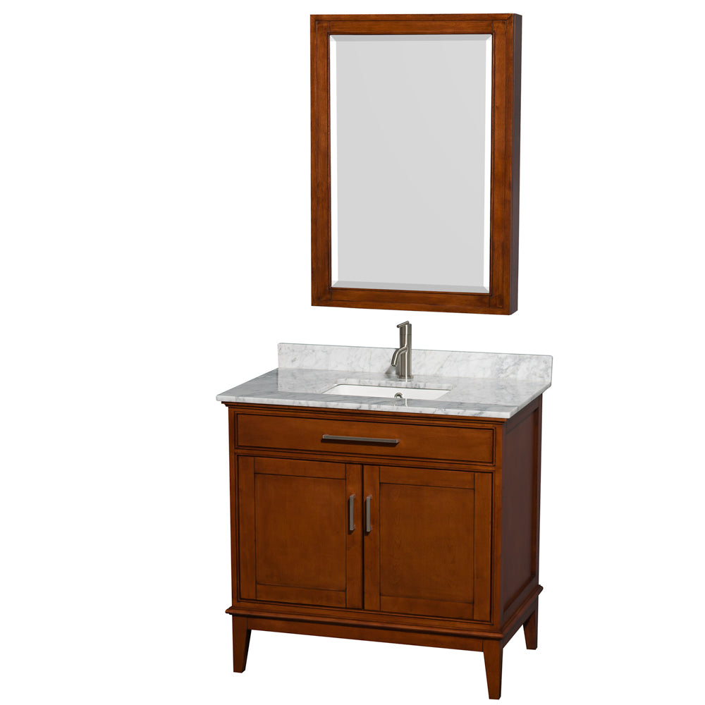 Hatton 36 inch Single Bathroom Vanity in Light Chestnut, White Carrara Marble Countertop, Undermount Square Sink, and Medicine Cabinet