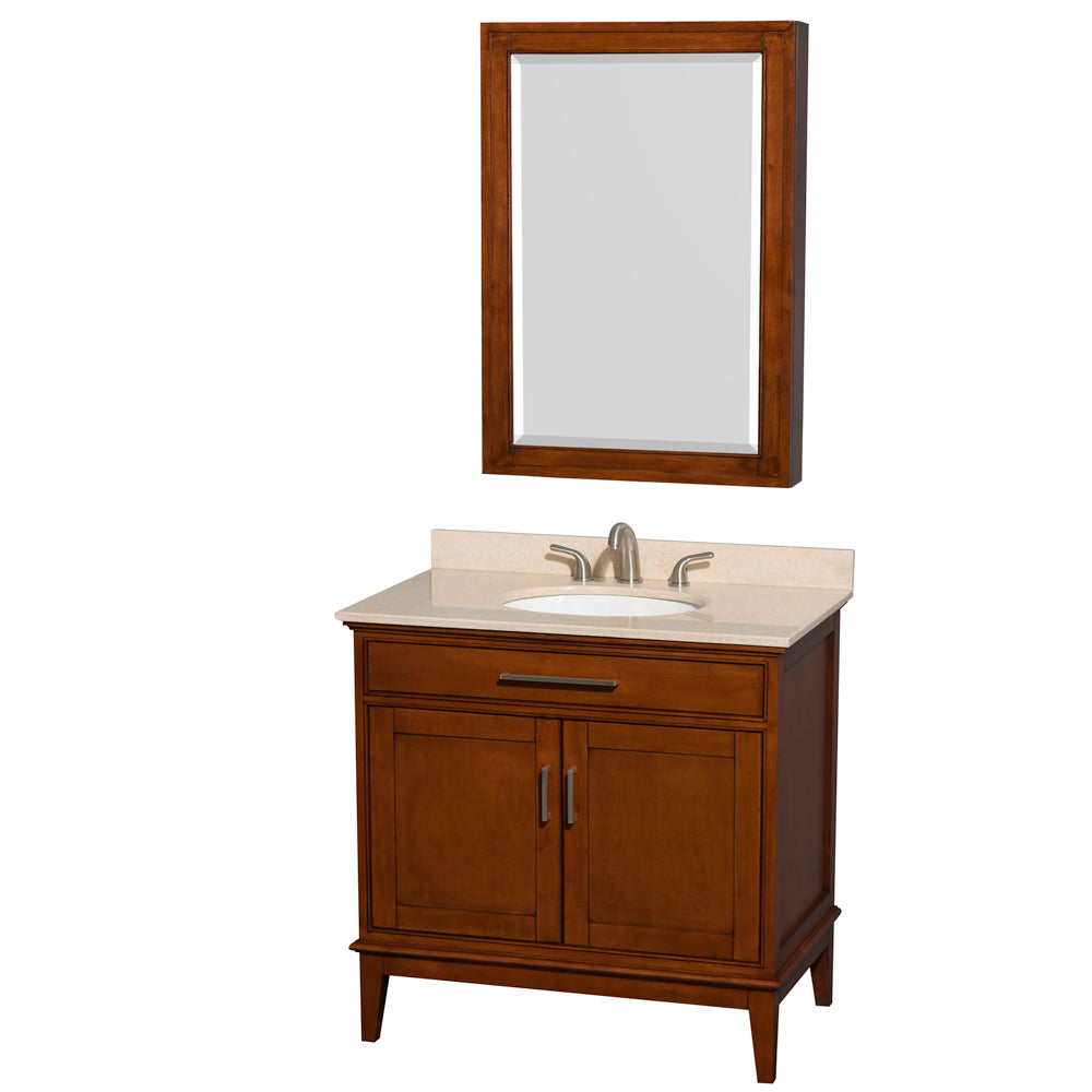 Hatton 36 inch Single Bathroom Vanity in Light Chestnut, Ivory Marble Countertop, Undermount Oval Sink, and Medicine Cabinet