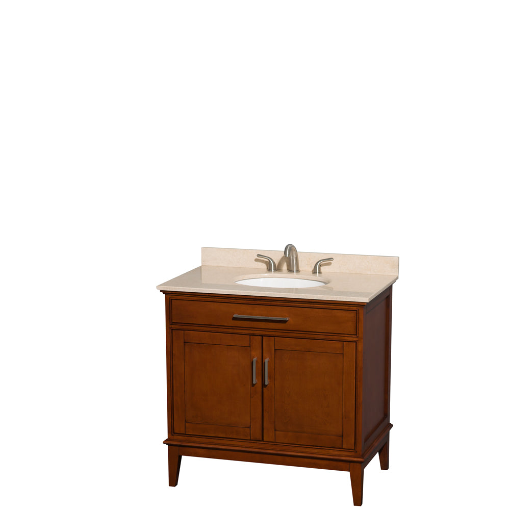 Hatton 36 inch Single Bathroom Vanity in Light Chestnut, Ivory Marble Countertop, Undermount Oval Sink, and No Mirror