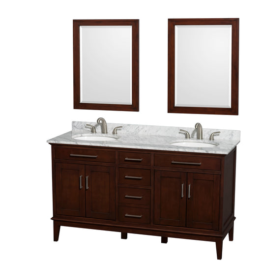 Hatton 60 inch Double Bathroom Vanity in Dark Chestnut, White Carrara Marble Countertop, Undermount Oval Sinks, and 24 inch Mirrors