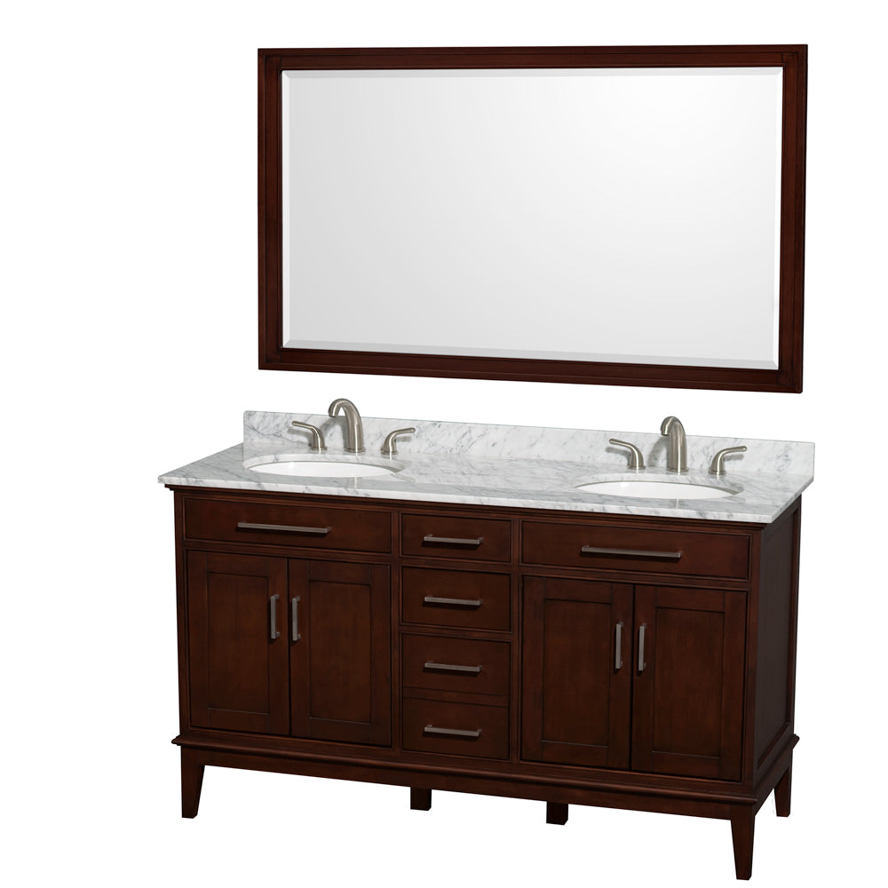 Hatton 60 inch Double Bathroom Vanity in Dark Chestnut, White Carrara Marble Countertop, Undermount Oval Sinks, and 56 inch Mirror