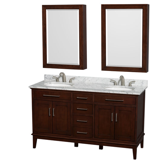 Hatton 60 inch Double Bathroom Vanity in Dark Chestnut, White Carrara Marble Countertop, Undermount Round Sinks, 24 inch Medicine Cabinets