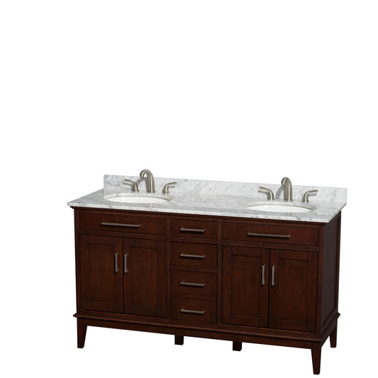 Hatton 60 inch Double Bathroom Vanity in Dark Chestnut, White Carrara Marble Countertop, Undermount Oval Sinks, and No Mirror