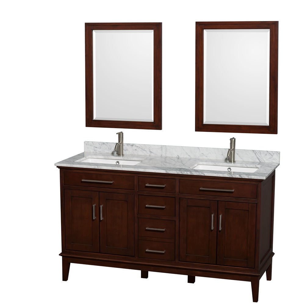 Hatton 60 inch Double Bathroom Vanity in Dark Chestnut, White Carrara Marble Countertop, Undermount Square Sinks, and 24 inch Mirrors