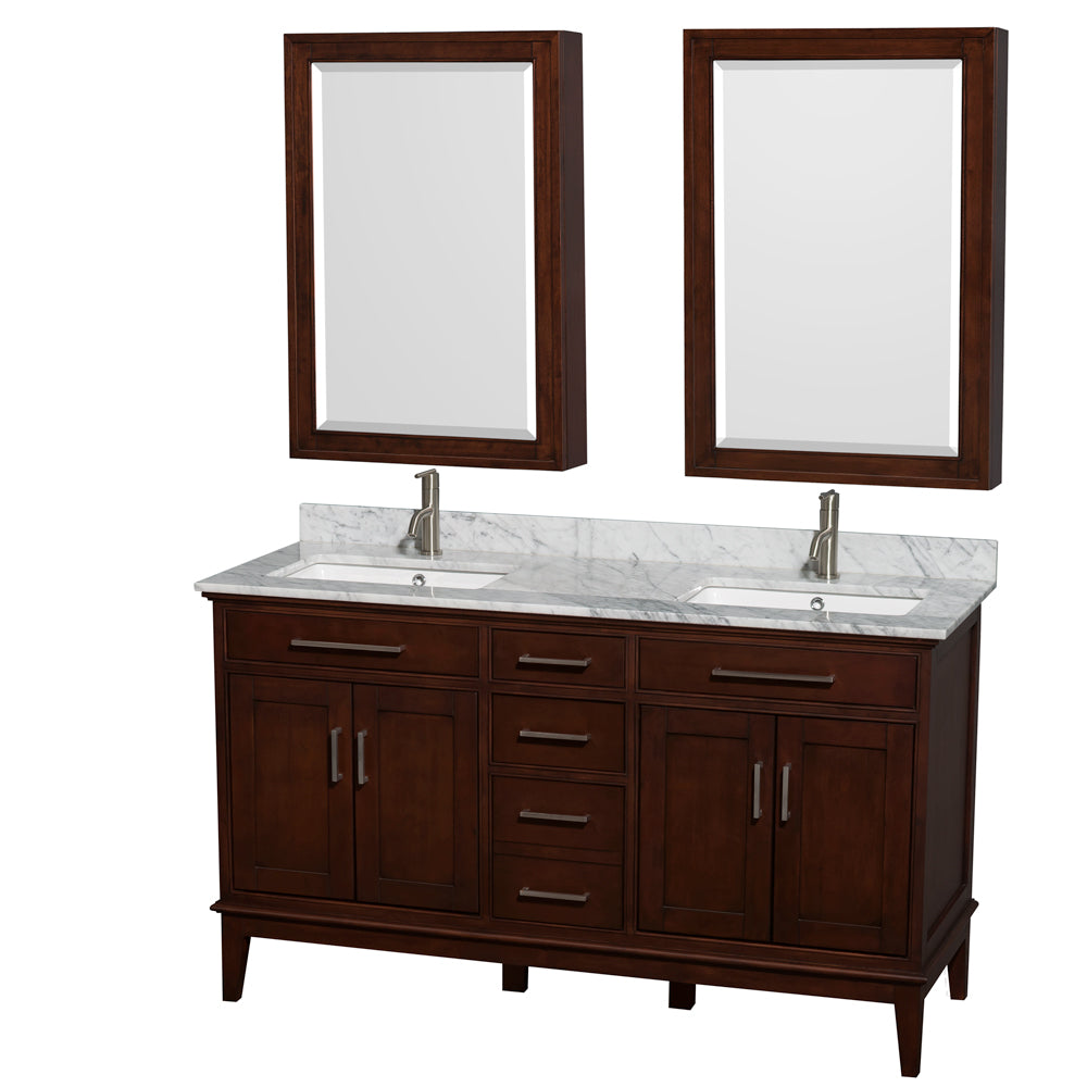 Hatton 60 inch Double Bathroom Vanity in Dark Chestnut, White Carrara Marble Countertop, Undermount Square Sinks, 24 inch Medicine Cabinets