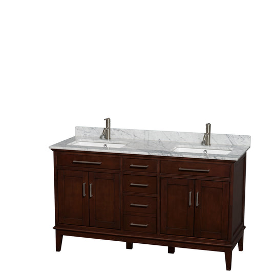 Hatton 60 inch Double Bathroom Vanity in Dark Chestnut, White Carrara Marble Countertop, Undermount Square Sinks, and No Mirror