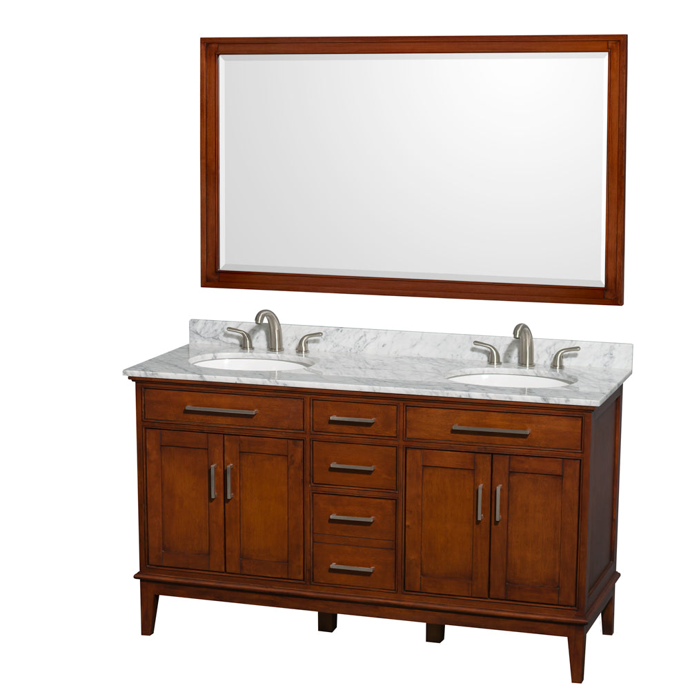 Hatton 60 inch Double Bathroom Vanity in Light Chestnut, White Carrara Marble Countertop, Undermount Oval Sinks, and 56 inch Mirror