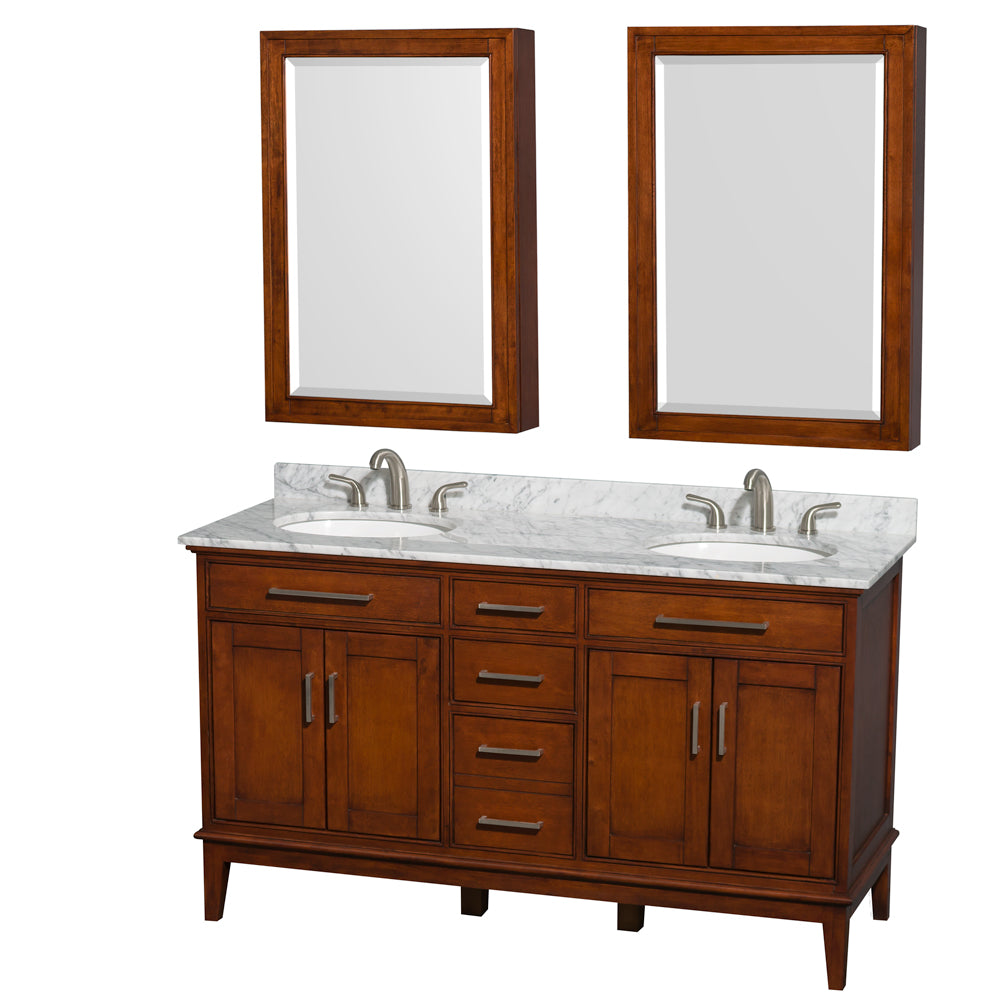 Hatton 60 inch Double Bathroom Vanity in Light Chestnut, White Carrara Marble Countertop, Undermount Round Sinks, 24 inch Medicine Cabinets