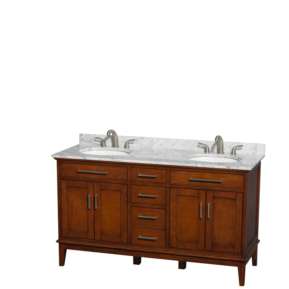 Hatton 60 inch Double Bathroom Vanity in Light Chestnut, White Carrara Marble Countertop, Undermount Oval Sinks, and No Mirror