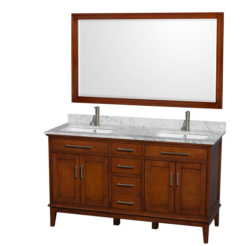 Hatton 60 inch Double Bathroom Vanity in Light Chestnut, White Carrara Marble Countertop, Undermount Square Sinks, and 56 inch Mirror