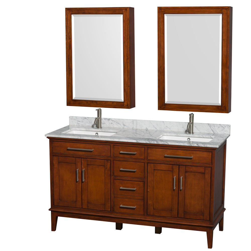 Hatton 60 inch Double Bathroom Vanity in Light Chestnut, White Carrara Marble Countertop, Undermount Square Sinks, 24 inch Medicine Cabinets