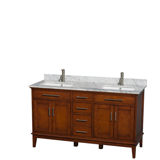 Hatton 60 inch Double Bathroom Vanity in Light Chestnut, White Carrara Marble Countertop, Undermount Square Sinks, and No Mirror