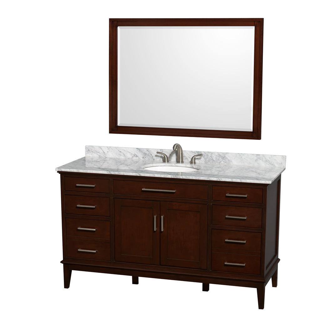 Hatton 60 inch Single Bathroom Vanity in Dark Chestnut, White Carrara Marble Countertop, Undermount Oval Sink, and 44 inch Mirror